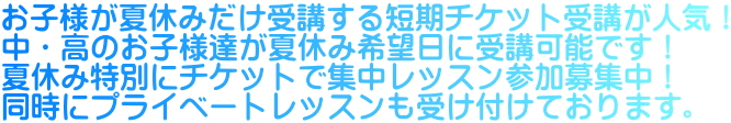 お子様が夏休みだけ受講する短期チケット受講が人気! 中・高のお子様達が夏休み希望日に受講可能です! 夏休み特別にチケットで集中レッスン参加募集中! 同時にプライベートレッスンも受け付けております。