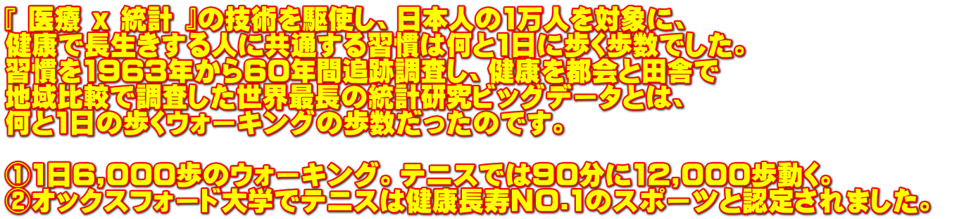 『 医療 x 統計 』の技術を駆使し、日本人の1万人を対象に、 健康で長生きする人に共通する習慣は何と1日に歩く歩数でした。 習慣を1963年から60年間追跡調査し、健康を都会と田舎で 地域比較で調査した世界最長の統計研究ビッグデータとは、 何と1日の歩くウォーキングの歩数だったのです。 ①1日6,000歩のウォーキング。テニスでは90分に12,000歩動く。 ②オックスフォード大学でテニスは健康長寿NO.1のスポーツと認定されました。