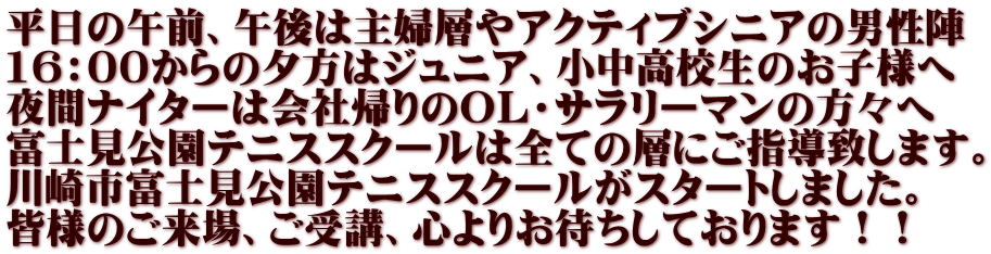 平日の午前、午後は主婦層やアクティブシニアの男性陣 16：00からの夕方はジュニア、小中高校生のお子様へ 夜間ナイターは会社帰りのＯＬ・サラリーマンの方々へ 富士見公園テニススクールは全ての層にご指導致します。 川崎市富士見公園テニススクールがスタートしました。 皆様のご来場、ご受講、心よりお待ちしております！！